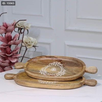 طقم صواني /2 خشب بيضاوي 50+46 سم 89713LS وجه محفر مزخرف ابيض هندي %ه15