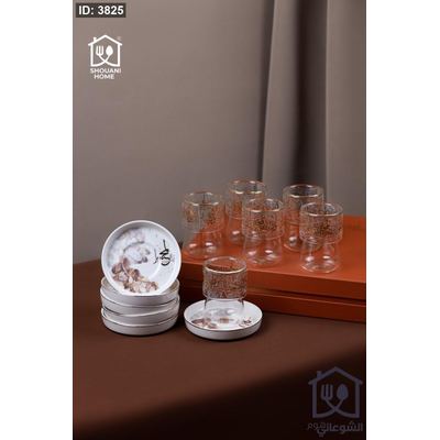 طقم 6 كاسات / استكانات شاي شفاف دبل جلاس مع 6 صحون اوف وايت حز ذهبي مورد شكل مسجد كتابة ( بالمحبة )