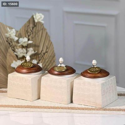 طقم بهارات/3 مربع 12سم مصدف ابيض W غطا خشب 90217 تعليقة نحاس هندي %ه15