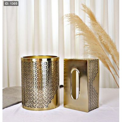 طقم سلة +بكيت محارم تنك برونزي مخرم دوائر 8229105 =H3
