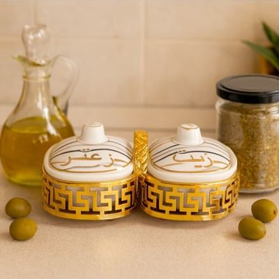 صحون فطور زيت وزعتر بورسلان مع حملات ذهبية