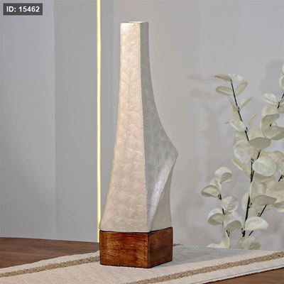 فازة تنك ابيض 42سم طويل 89953S قاعدة خشب بني W هندي %ه14