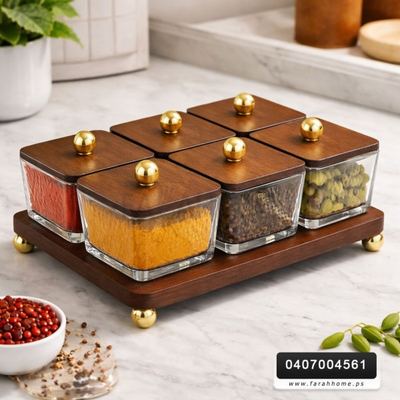 طقم تقديم / تفضيل صينية خشب مع صحون علب زجاج مضيفة /مكسرات/ بهارات/ كاندي مع صينية خشب بامبو بني غطا خشبي كرة ذهبية 6 قط