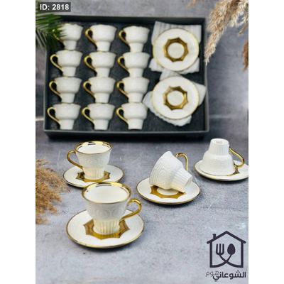 طقم 12 فنجان مع 12 صحن مرسم اطار ذهبي
