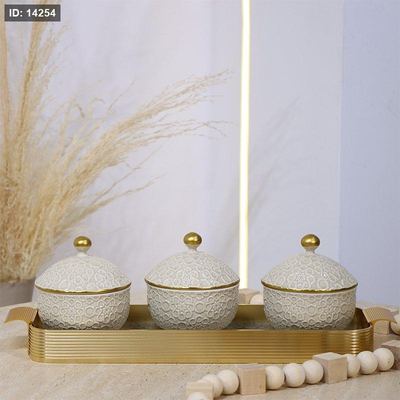 طقم/4 صينية زجاج +3 مضايف بورسلان بيج مزخرف اسلامي HJP14-4/S-KHAKI
