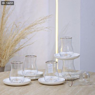 طقم كاسة شاي 6/6 زجاج سادة بعنق متكة بورسلان ابيض YS02-6/S-WHITE ++و