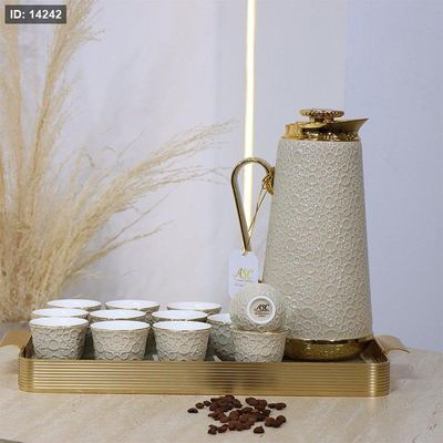 طقم/14 تيرموس قهوة+12 فنجان سادة بورسلان بيج+صينية ذهبي BW06-14/S-KHAKI ++و