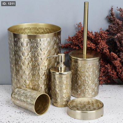 طقم حمام 5 قطع تنك برونزي مرسم عروق قاعدة خشب 8229112 =H3
