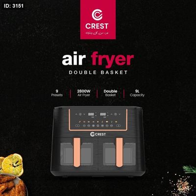مقلى هوائي - قلاي هوائية Air fryer ، 9 برنامج ، سعة 9 لتر قوة 2800 واط لون اسود ، حوضين شفافات . Crest air fryer Double 