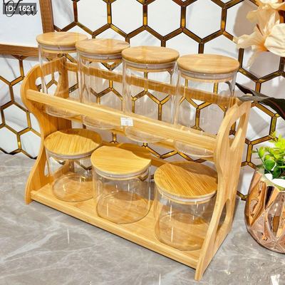 طقم بهارات زجاج شفاف وخشبي