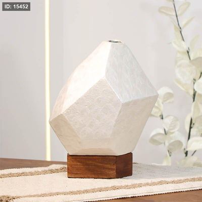 فازة تنك ابيض 24سم متعدد الاوجه 89949L قاعدة خشب بني W هندي %ه14