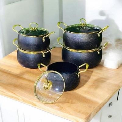 طقم طناجر 10 قطع قدرة يد ذهبي مع غطاء زجاج ومسكه ذهبي اسود / ذهبي / بيج DWD 10PCS FANCY SET