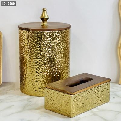 طقم سلة+بكيت محارم معدن وخشب بني