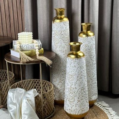 فازة معدن 87 سم شكل جرة ابيض عنق ذهبي حجم كبير BD141-4