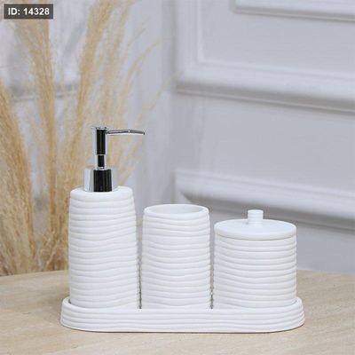 طقم /4 صينية بيضاوي +مصبنة+ كاسة + علبة بغطا جبص ابيض محزز بالعرض EL177/13 =ت.ش3