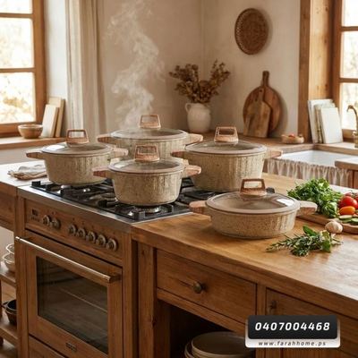 طقم طناجر ثقيل جرانيت لون بيج مع غطاء زجاج وايدي خشبية عدد 4 بالمقاسات DE DIE  20-24-28-32 سم + كسرولا 28 سم DE DIE