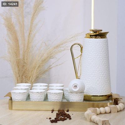 طقم/14 تيرموس قهوة+12 فنجان سادة بورسلان ابيض +صينية ذهبي BW06-14/S-WHITE ++و