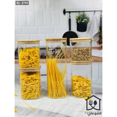 طقم مرتبانات زجاج غطاء خشب بعدة احجام