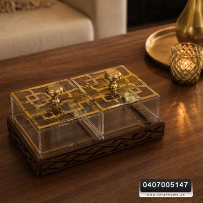 مضيفة اكريليك 2 علب بغطا ذهبي قاعد خشب