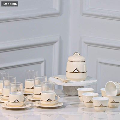 طقم /20 بورسلان بيج 6 فناجين قهوة سادة + 6/6 كاسة شاي + سكريه ومعلقه JY02-Beige لالوزا ++ع5