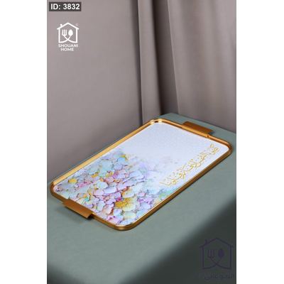 صينية تقديم اوف وايت موردة زهري اطار ذهبي كتابة { كَضَوْءِ الشَّمْسِ أَدْفَأْتُمْ قُلُوبَنا }