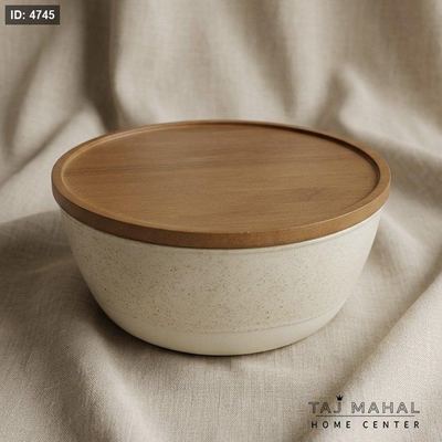 وعاء تقديم بورسلان مع غطاء خشبي