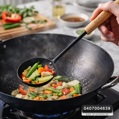 مغرفة شوربة مجور حيف واطي معدن اسود يد خشب GUANGDA