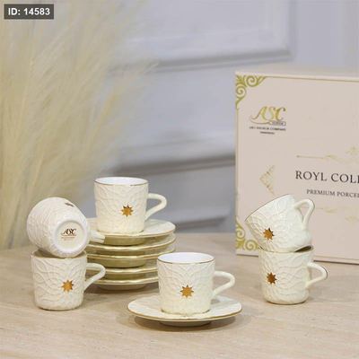 طقم فناجين قهوة 6/6 بورسلان بيج ST118B-6/S-BEIGE مزخرف نجمة ++ZW1