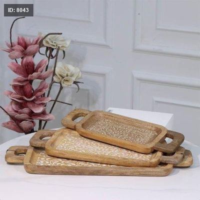طقم صواني 3 / خشب مستطيل 89712LMS وجه محفر مزخرف هندي %ס15