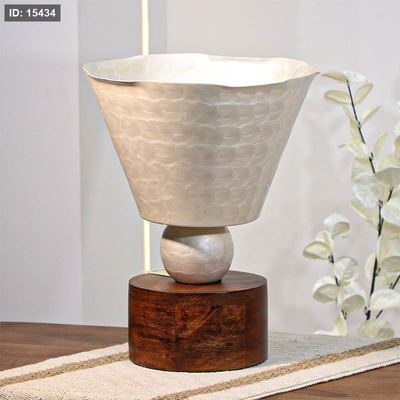 فازة تنك ابيض 34سم شكل سهارة 89635S قاعده خشب بني W هندي %ه14
