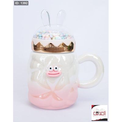مج زهري مع ابيض مموج + غطاء