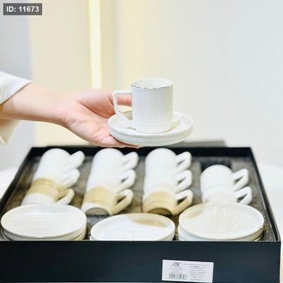 طقم فناجين قهوة 12/12 بورسلان ابيض A103 محزز حيف ذهبي يد معلوج ++