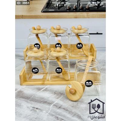 طقم سكريات / بهار زجاج شفاف مع غطاء ومعلقة خشب مع ستاند طبقتين خشب