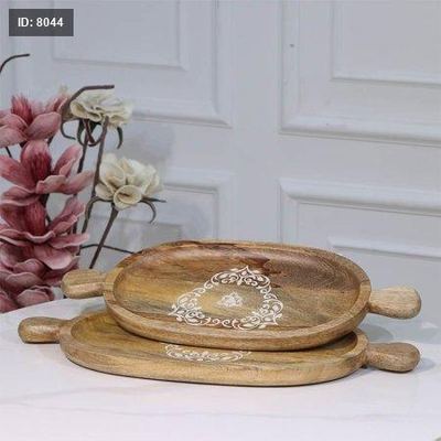 طقم صواني /2 خشب بيضاوي 50+46 سم 89713LSوجه محفر مزخرف ابيض هندي %ס15