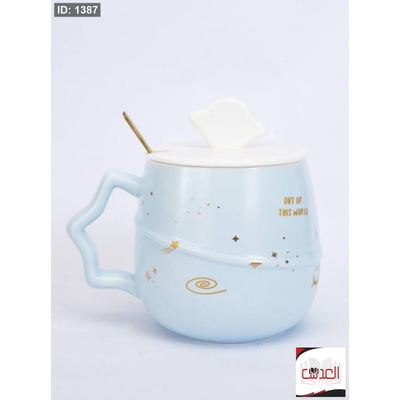مج ازرق + غطاء + ملعقة ذهبي