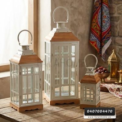 زينة رمضان/طقم فانوس رمضان اطار معد مع قاعدة خشب 3 قطع 70 + 50 + 40 سم
