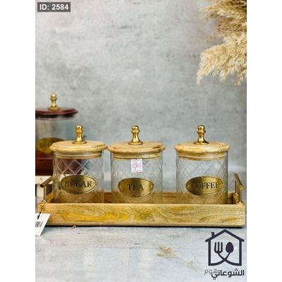 طقم سكريات زجاج مع قاعدة وغطاء خشب هندي