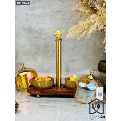 مضيفة خشب طبيعي خانتين مع يد صحون نحاس غطاء زجاج هندي
